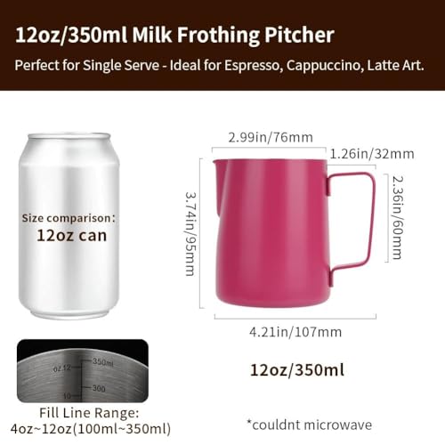 Image of watchget 12oz Milk Frothing Pitcher Stainless Steel Espresso Steaming Jug | Clear Internal Scale, Milk Coffee Cappuccino Latte Art Barista Steam Pitchers,Barista Coffee Bar Accessories, 350ml, Magenta