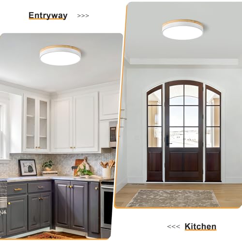 Image of Dimmable LED Wood White Round Flush Mount Ceiling Light 15.74 Inch