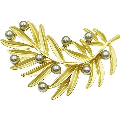 Bijoux de Ja Jewel Enamel Faux Pearl Rhinestone Crystal Leaves Brooch Pin for Women, M, Faux Pearl, no gemstone Cover