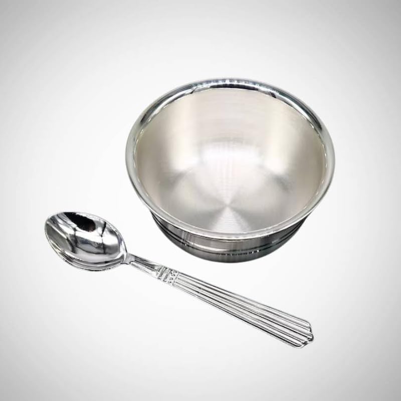 Image of 925 Sterling Silver Baby Feeding Bowl & Spoon Set | Handcrafted Silver Katori for Newborn & Kids | Annaprashan Feeding Set | Premium Velvet Box Included