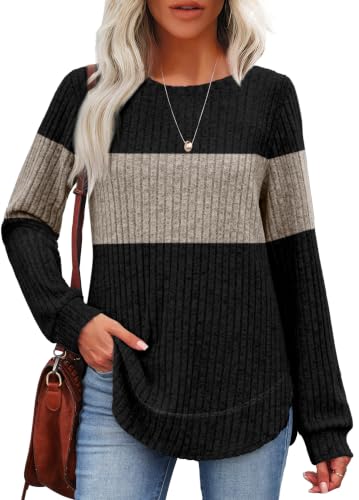 OFEEFAN Womens Sweaters Crew Neck Tunic Tops Long Sleeve Shirts Curved Hem - Image 3