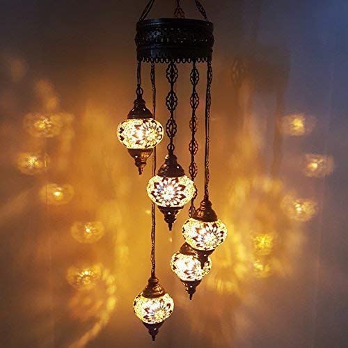 World Home Living Turkish Moroccan Tiffany Style Hanging Glass Mosaic Chandelier Lamp Light - G16 X 5 B_Chandelier