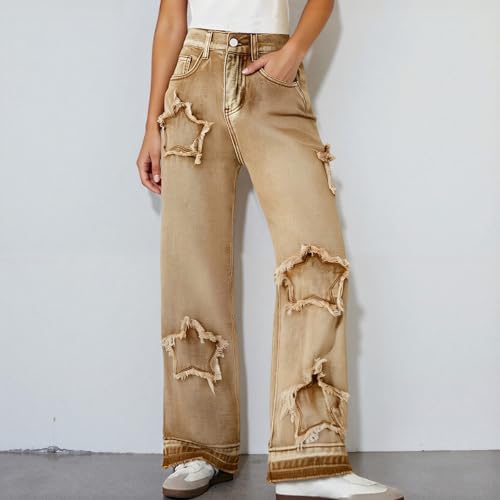 Girls Wide Leg Jeans Star Applique Elastic High Waist Casual Baggy Denim Pants Cute Summer Trousers Y2K Streetwear 8-13Years2