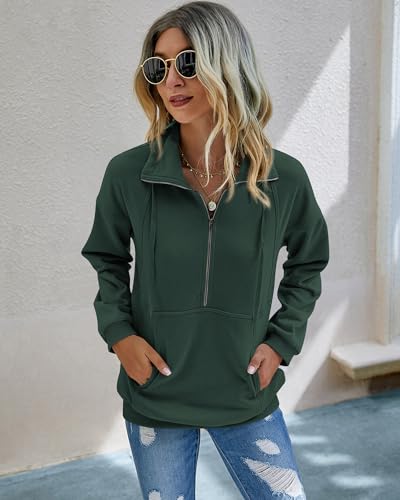 Image of PRETTYGARDEN Women's Casual Long Sleeve Zipper Sweatshirt Drawstring Loose Quarter Zip Pullover Tops with Pockets
