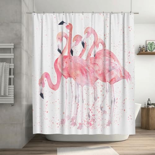 HODKHNO Shower Curtain 72 x 72 Inches Tropical Pink Watercolor Flamingos Waterproof Machine Washable Fabric Bathroom Decor Bath Curtains with Hooks