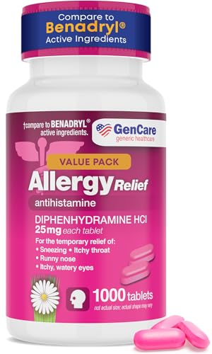 GenCare Allergy Relief Medicine Bulk Value 1000 Count Diphenhydramine 25mg Antihistamines for Adults for Congestion Sneezing Runny Nose Itchy Eyes & Throat Pink