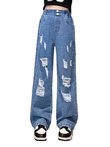 Kids Girls Ripped Wide Leg Jeans Denim Pants with Pockets Summer Casual Jeans