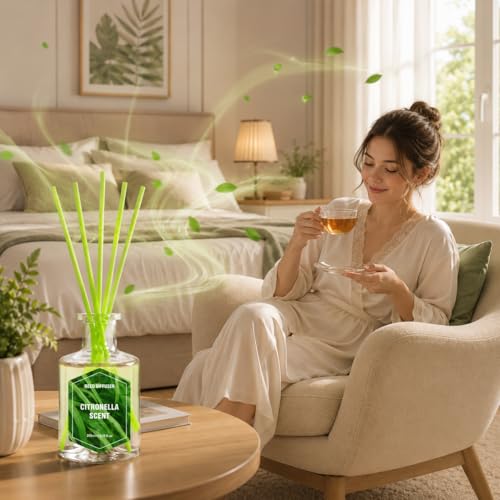 Image of STRN Lemongrass Reed Diffusers, Citronella Reed Diffuser Set, 200ML with 6 Sticks for Summer Indoor Outdoor, Bathroom, Bedroom, Office, Home Decorations Refreshing Scent Diffuser 6.8 fl.oz