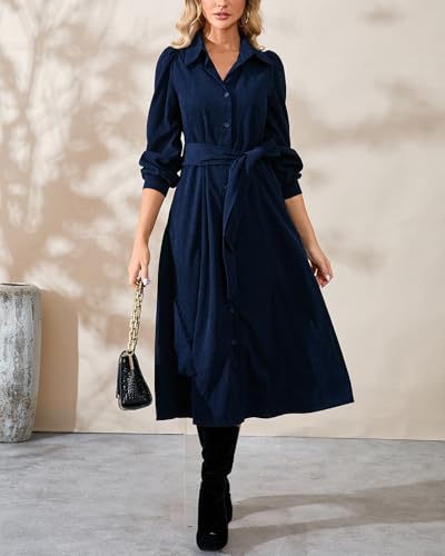 Women's Corduroy Midi Dress Long Sleeve Button Down Belted Flowy Shirt Dress with Pockets3