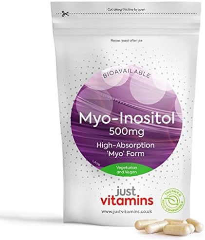 Myo-Inositol Capsules - 500mg x90 Capsules - Pure Premium Quality Myo Inositol Vitamin B8 - Female Hormone, Fertility, PCOS, Ovarian Function and Cycle Support Supplement by Just Vitamins. UK Made
