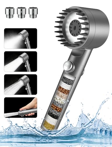 MEKO シャワーヘッド マイクロナノバブル ミスト 3+1段階モードシャワー 浄水 手元止水 水圧調整 極細水流 塩素除去 肌ケア 水漏れ防止 汚れ除去 増圧節水シャワー 15層フィルター付 3*アダプター付 (グレー)