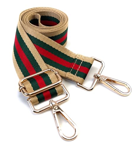 Image of Beige Green Red Stripe Purse Strap with Light Gold Hardware 1-1 /2 Inch Wide Replacement Crossbody Guitar Style Shoulder Strap for Handbags Totes