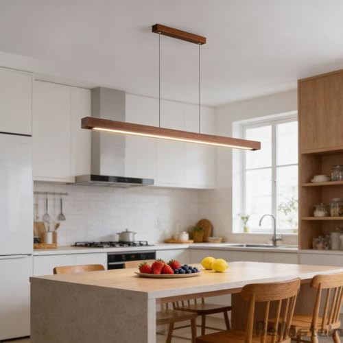 Holz Pendelleuchte LED Esszimmer Dimmbar Esstischlampe Hängelampe Linear Design Hängeleuchte Dimmbare LED Pendellampe mit Fernbedienung Höhenverstellbare für Büro Küche Esszimmer (Pfirsichholz 80)