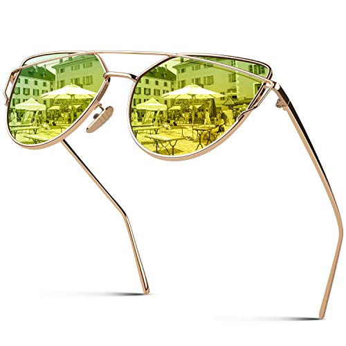 Sunier Polarized Sunglasses Women Mirrored Cute Flat UV400 Ladies Shades,Gold Metal Cat Eye Frame Gold Lenses