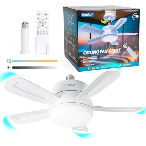 15.7' Socket Fan with Light and Remote, 3000K-6500K, 1700LM, Wireless Screw in Light Socket Fan for...