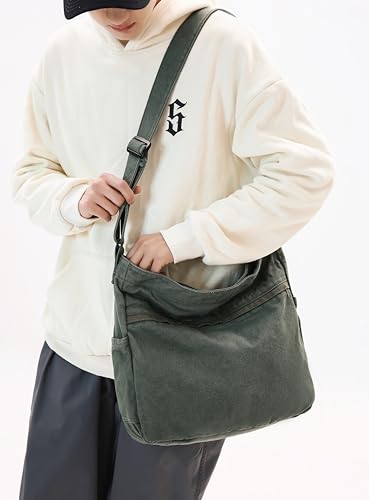 Image of Cotton Tote Handbag Women Canvas Crossbody Beach Bag Hobo Shoulder Tote Bag with 3 External Pocket,Zipper Closure