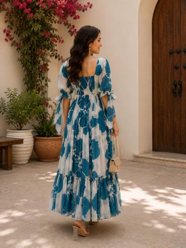 Image of Modestouze Attires Women's Floral Pattern Rayon Blend Maxi Dress with Sweetheart Neck Half Puff Sleeve Floor Length and Zipper Closure Type | Maxi Dress for Women Stylish | Dress for Women