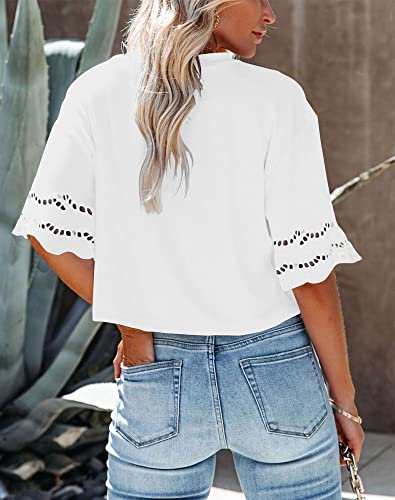 Yuccalley Women's Lace Short Sleeve Crop Tops Summer Casual Round Neck Tees2