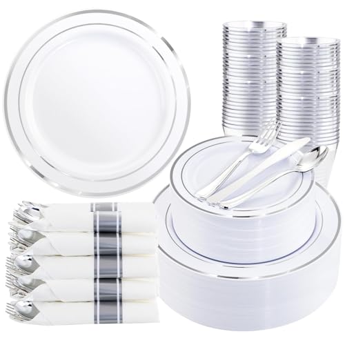 WDF Partyware 350Piece Silver Plastic Dinnerware Set for 50 Guests - Silver Plastic Plates with Cutlery Include:50Dinner Plates-50Dessert Plates-50Pre Rolled Napkins with Silverware Valentine's Day