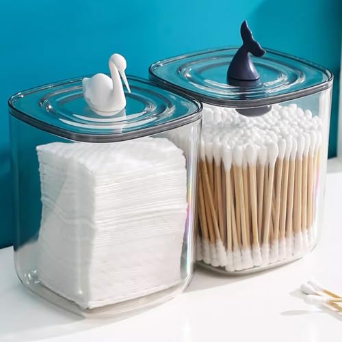 HomDSim 2 Pack Qtips Holder Dispenser,Cute animal shape Jar with Clear Lid Dustproof Cover,for Cotton Ball Swabs Round Pads Toothpick, Clear Plastic Jar Set for Bathroom Canister Storage Organization