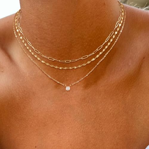 ASCOMY Layered Necklaces for Women Gold Necklace 14K Gold/Silver Plated Pendant Necklace Layered Cross Necklace Paperclip Rope Bead Box Satellite Dot Chain Necklaces Gold Choker Trendy Jewelry Gift4