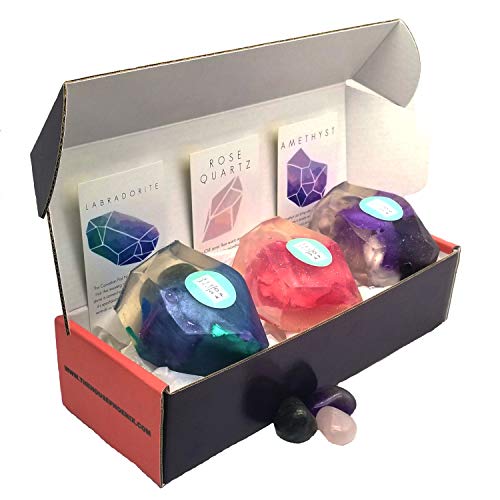 Gemstone Crystal Glycerin Soap Bars Scented With Natural Essential Oils Set of 3 4oz/each (Labradorite, Amethyst, Rose Quartz)