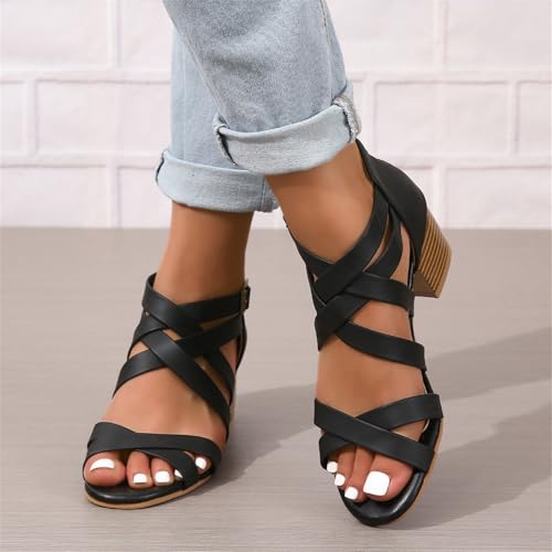 Women's Black Stacked Heeled Cutout Sandals Ankle Buckle Chunky Heel Open Toe Booties Summer Fashion Dress Block Heel Sandal3