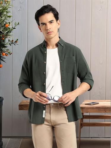 Image of Thomas Scott Men's | Slim Fit | Striped Design | Button-Down Collar | 100% Cotton Casual Shirt for Mens