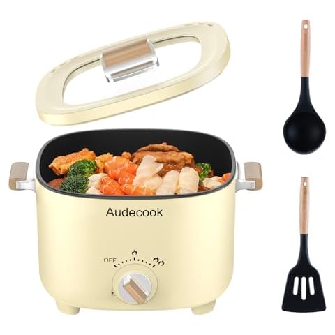 Audecook Hot Pot Electric, 2.5L Portable Nonstick Multicooker for 1-3 Persons, Honeycomb Texture Travel Electric Skillet with Dual Power Temperature Control for Steak/Egg/Noodles/Oatmeal (Beige) Cover