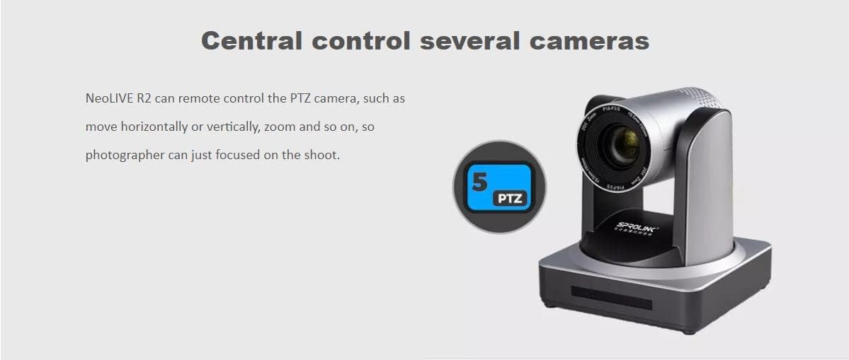 SPROLINK NeoLIVE R2 with a professional microphone, illustrating the device's support for external audio inputs.