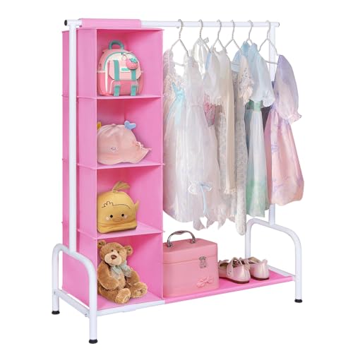 Univivi Kids Clothing Rack with Hanging Organizer, Short Toddler Dress Up Storage Rack for Hanging Clothes, Kids Wardrobe Closet for Baby Clothes, Dance Costumes, Pink/White