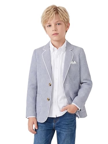 LOLANTA Blazer de Seersucker Transpirable para Niños, Chaqueta Elegante de Traje a Rayas para Verano y Ocasiones Informales, Azul Marino, 12-13 años, 160