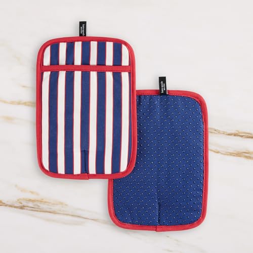 Image of kate spade new york Botanical Stripe Pot Holder 2-Pack Set, 7 inch x 10 inch, Navy Blue /Red