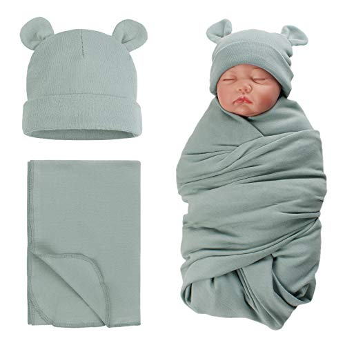 PESAAT Baby Swaddle Hat Set Bear Ears Boys Girls Beanie Newborn Baby Receiving Blanket Autumn Winter (Greyish Green(Hat+Swaddle), 0-6 Months)