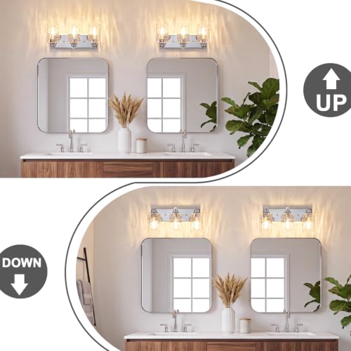 Image of 3-Light Bathroom Light Fixtures Modern Chrome Vanity Lights | Easy to Install Clear Hammered Glass Shades, Rippled Glow, Wall Mount Up or Down, E26 Socket, Hardwired, 120V