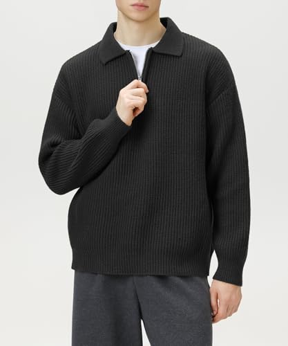 POHADON Men Quarter Zip Up Collared Neck Sweater Vintage Aesthetic Chunky Grandpa Grunge Clothes Fall Winter Korean Fashion4