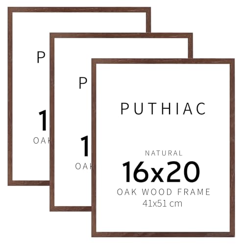 puthiac 16x20 Walnut Picture Frames for Wall - Minimalist 16x20 Oak Wood Frames, 16"x20" Picture Frame Wood, Natural Solid Wooden Picture Frames for Wall Art Photo and Prints (3 Pack, Walnut)