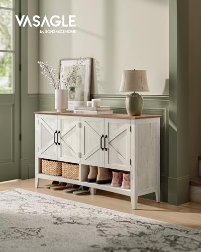 Image of VASAGLE LIRY Collection - Shoe Cabinet, 3-Tier Storage Organizer, Shoe Shelf, Farmhouse Freestanding Cabinet, Height-Adjustable Shelf, 13.8 x 47.2 x 27.6 Inches, Rustic White ULBC039W01