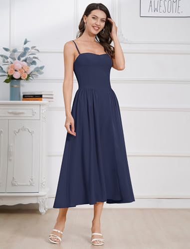 Image of ABEHIK Women Floral Corset Dress Boho Spaghetti Strap Lace Up Casual Midi Dresses with Pockets Low Cut Flowy Bustier Sundress