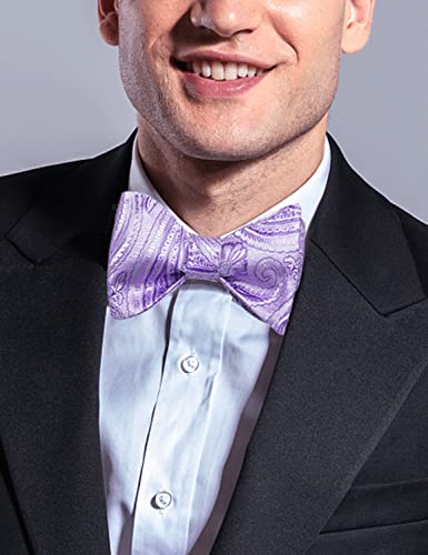 Image of DiBanGu Men Bow Tie Paisley Striped Self-Bow Tie for Men and Silk Woven Bowtie Pocket Square Cufflinks Wedding Party