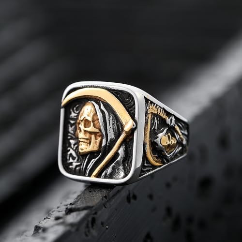 Grim Reaper Ring for Men – Gold Skull with Scythe Signet Statement Ring, Death Biker Punk Stainless Steel Jewelry4