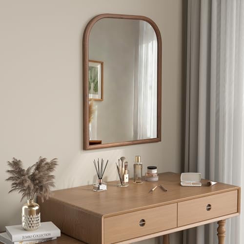 Image of 24 inchx32 inch Arch Wall Mirror for Wall, Wall Mounted Vanity Mirror for Bedroom, Wood Grain Finish Frame Mirror with Tempered Glass, Vintage Decorative for Bathroom, Entryway, Living Room, Walnut