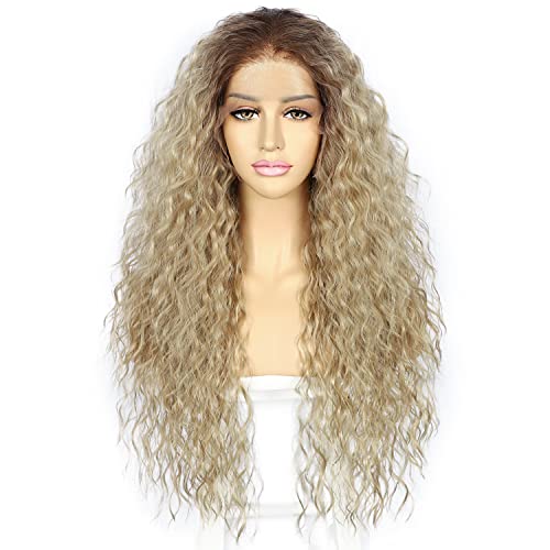 Sapphirewigs Curly Lace Front Wig Ombre Ash Brown Curly Synthetic Wigs for Women 13x3 Daily Wear Party Christmas Halloween Heat Resistant 26 inch