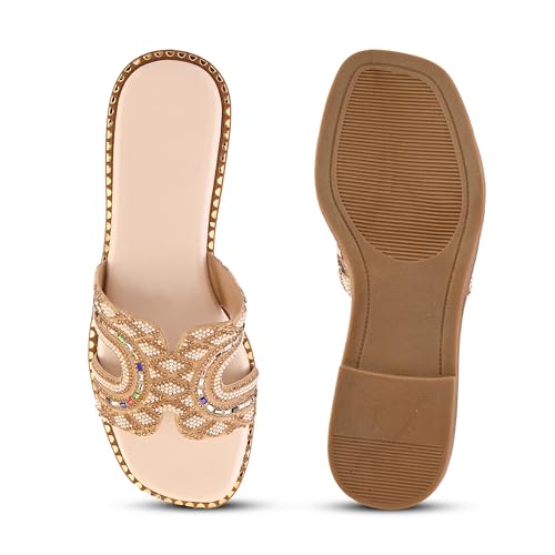 Image of Centrino Women's Beaded Flat Sandals | Stylish Gold Crystal Slip-On with Ornate Cutout Design | Soft Cushioned Footbed |Elegant & Trendy Open Toe Slip-On | Luxury Footwear for Wedding /Party (9301)