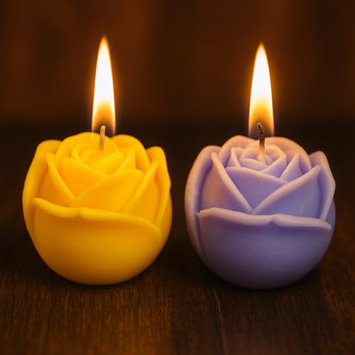Image of Scented Rose Candle Combo Pack - 2 Rose-Shaped Candles + Hanging Car Diffuser | Decorative Aromatic Candles for Home, Car & Gifting | 4 Hour Burn | Yellow & Purple