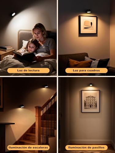 Apliques pared interior sin cable para evitar obras, pack de 2 lamparas negras regulables de 360° 7