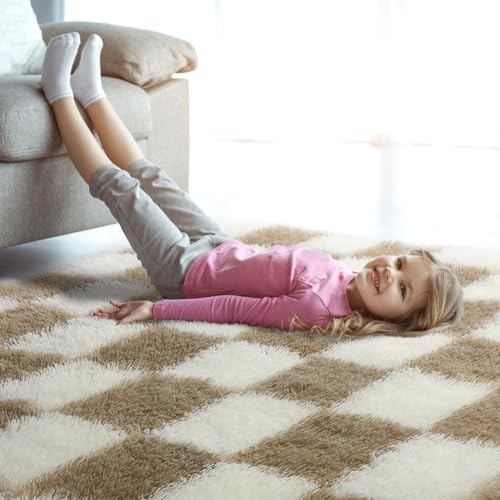 Image of KICMOR Small Beige and Cream White Area Rugs for Bedroom, 2x3 Fluffy Fuzzy Plush Shaggy Checkered Rug, Soft Furry Bedside Rug Small Throw Carpet for Living Room Kids Girls Boys Nursery Home Decor
