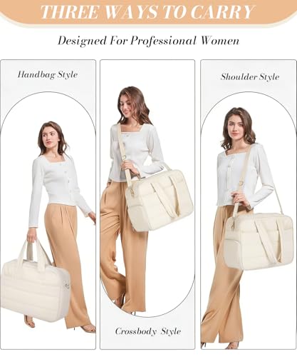 Image of PALAY Tote Bags for Women Office Use with Insulated Lunch Compartment Beige Nylon Waterproof Laptop Bag Large Puffy Quilted Travel Duffle Bag for Women