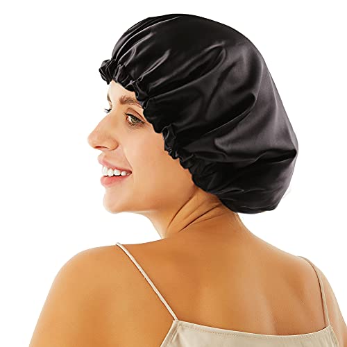 Image of Stain Bonnet Silk Sleep Cap Adjustable Satin Cap for Night Sleeping Hair Bonnet Reversible Double Layer
