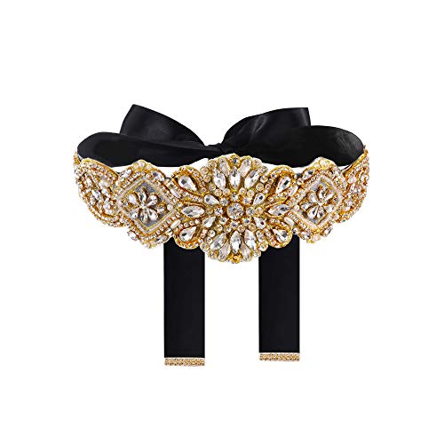 Yanstar Handmade Gold Rhinestone Crystal Wedding Bridal Belt Sash With Black Ribbon Sashes for Evening Party Prom Bridesmaid Dress